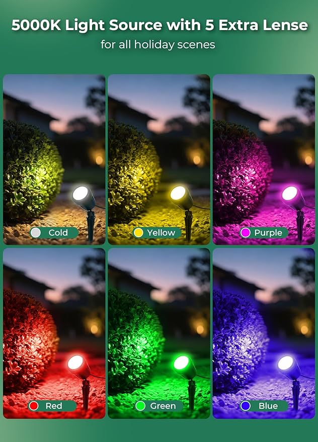 Christmas Spotlights Outdoor, 120V Plug-in Halloween Spot Light, 5000K LED Landscape Lighting with 5 Color Lenses (Red Green Blue Purple Yellow), IP67 Waterproof, 4 Pack