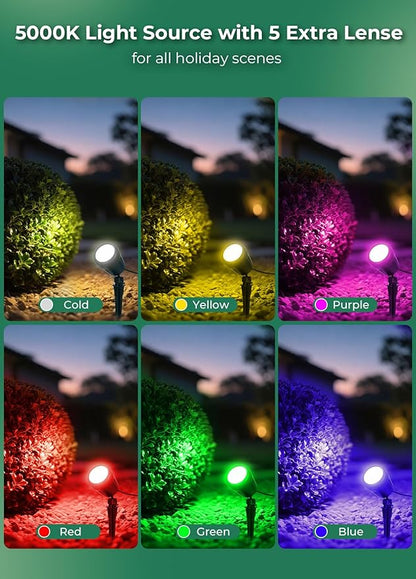 Christmas Spotlights Outdoor, 120V Plug-in Halloween Spot Light, 5000K LED Landscape Lighting with 5 Color Lenses (Red Green Blue Purple Yellow), IP67 Waterproof, 4 Pack