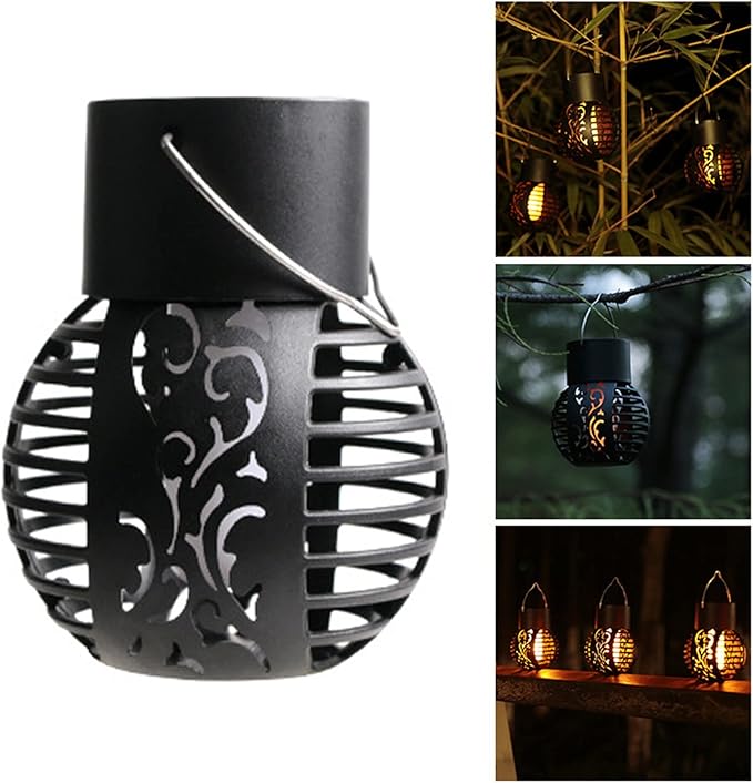 Solar Outdoor Lights Simulation Flame Chandelier Decorative Hanging LED Round Ball Lights 2 Pack Solar Garden Lights Waterproof Solar Powered Ball Lights for Camping Yard Patio Fence Tree Decoration