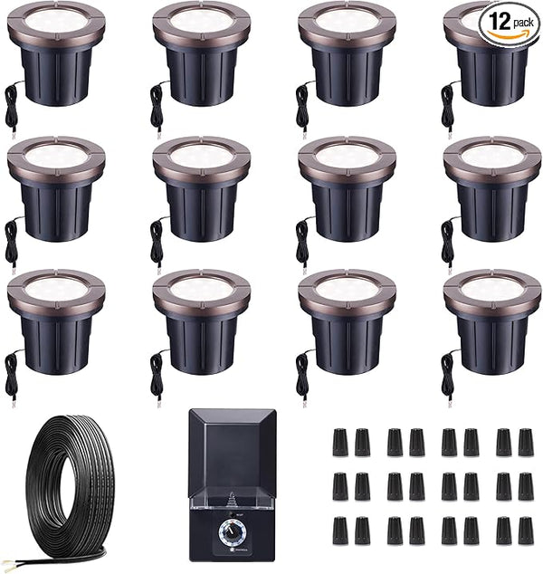 Ground Well Lights Kit, 12 Pack Landscape LED Low Voltage Inground Light and 200W Transformer and 250FT Cable and | Lumora