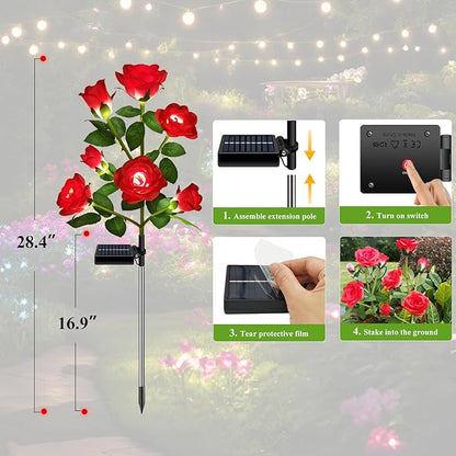 DWH 1 Pack Solar Garden Lights Outdoor, 7-Flower Rose Solar Lights for Yard, LED Solar Powered Stake Lights for Patio Pathway Lawn Fence Cemetery, Red