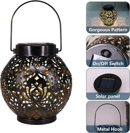 2 Pack Solar Lanterns，Retro Metal Light Solar Garden Light，Hanging LED Lanterns Solar Powered with Handle Waterproof，Suitable for Gardens, Courtyard Porches and Tabletops