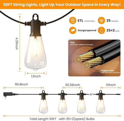 Kawaya Outdoor String Lights for Patio - ST38 Outside IP64 Waterproof Hanging Light with 2700k~6000k Dimmable - 50FT Led Edison Lights for Cafe Bistro Yard Gazebo Porch