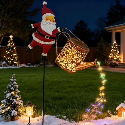 Christmas Santa Solar Kettle Light, IP65 Waterproof Santa Solar Garden Lights Outdoor, Cute Santas Solars Watering Can Cascading Light LED, Novelty Santas Solars Christmas Decorations Night Lights