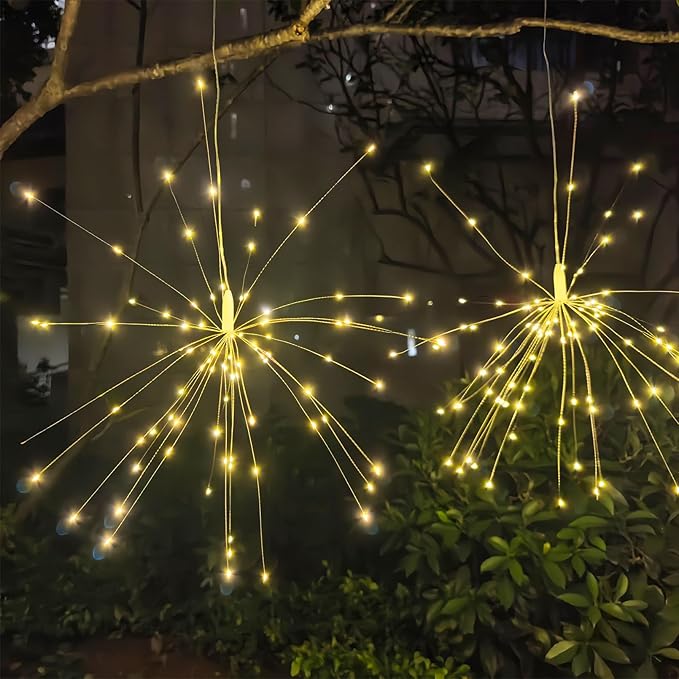 4 Pack Solar Firework Lights, 360 LED 8 Modes Dimmable Waterproof Hanging DIY Starburst Fairy Lights with Timer for Party Garden Indoor Outdoor Decoration (Warm White, 360)