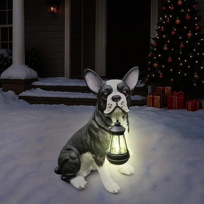 Outdoor Boston Terrier Dog Statue with Interchangeable Welcome Sign and Detachable Solar Lantern –LED Light Garden Dog Sculpture Décor, Cute Puppy Design for Yard, Porch, Gift