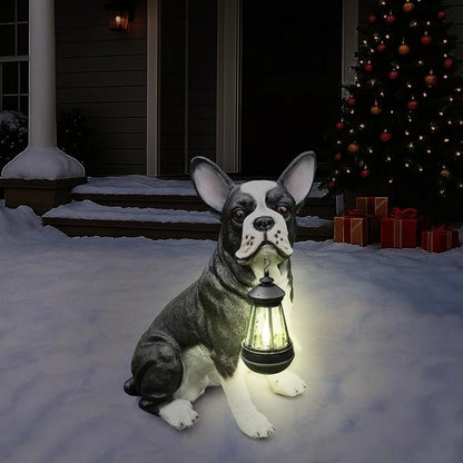Outdoor Boston Terrier Dog Statue with Interchangeable Welcome Sign and Detachable Solar Lantern –LED Light Garden Dog Sculpture Décor, Cute Puppy Design for Yard, Porch, Gift