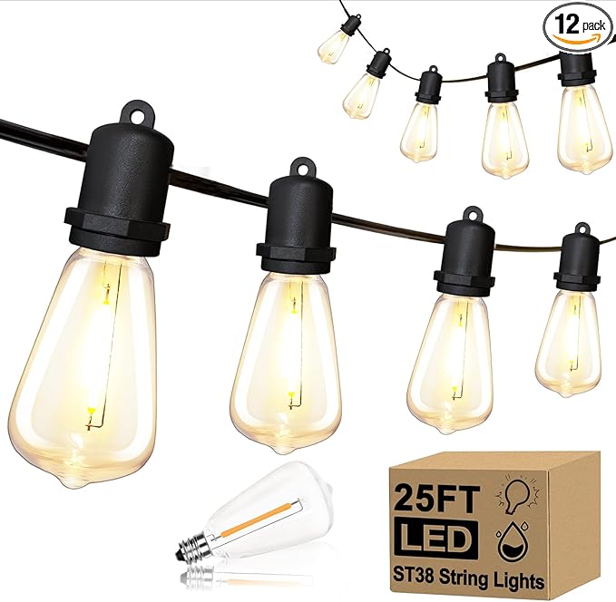 25FT LED Outdoor String Lights with 13 ST38 Edison Shatterproof Plastic Bulbs,2700K Waterproof Connectable Outdoor Patio Lights String for Home Garden Porch Cafe Yard Party Deck Decor