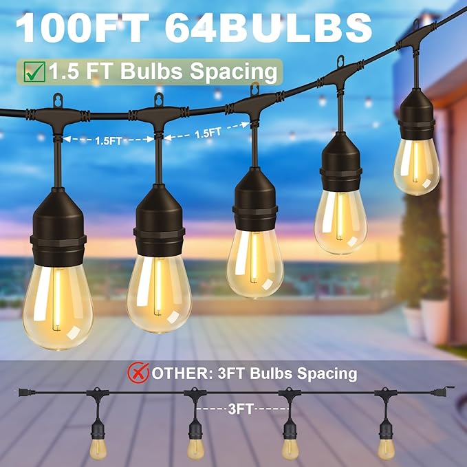 100FT Outdoor String Lights with 64+4 Bulbs (1.5FT Bulbs Spacing), Remote & Dimmer, Commercial Patio String Lights | Lumora