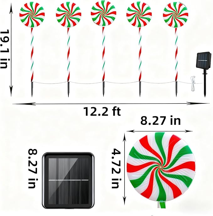 Christmas Solar Lollipop Pathway Lights 5 Pack Outdoor Candy Cane Stake Light with Bow Waterproof Walkway Xmas Outsides Garden Yard Lighting Landscape Decorative Decoration