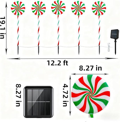 Christmas Solar Lollipop Pathway Lights 5 Pack Outdoor Candy Cane Stake Light with Bow Waterproof Walkway Xmas Outsides Garden Yard Lighting Landscape Decorative Decoration