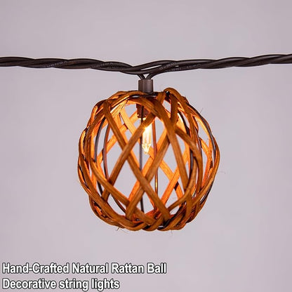 Outdoor Patio String Lights Plug in with 10 Incandescent Bulbs, Handwoven Natural Rattan Boho Decorative Lantern String Lights Connectable Weatherproof for Pergola, Porch, Mantel, Indoor Decor