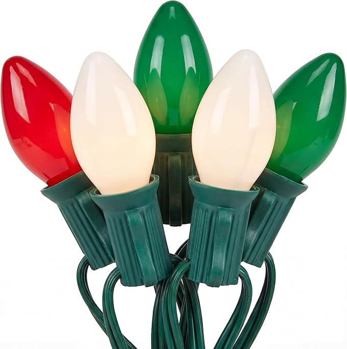 C7 Red White and Green Christmas Lights, 25Ft Vintage Christmas Lights with 27 Ceramic Bulbs, Connectable Xmas Tree Lights Waterproof for Outdoor Roofline Winter Party Holiday Wedding Christmas Decor
