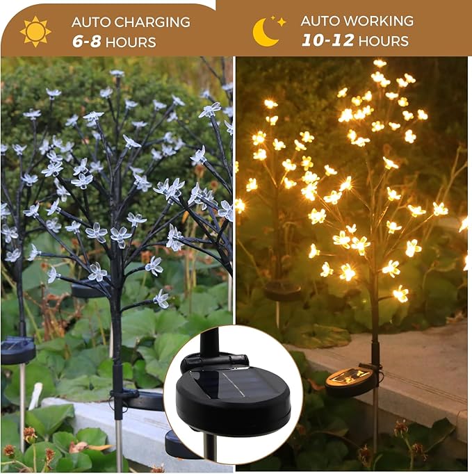 Solar Garden Lights Outdoor Garden Decor, 2 Pack Cherry Blossom Solar Flowers Outdoor Waterproof Fairy Solar Lights, Outside Yard Decorations for Patio Pathway Decor, Gardening Gifts for Women Mom