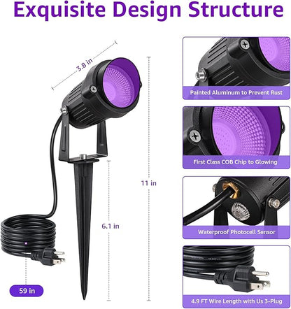 SUNVIE LED Black Light Outdoor Halloween Spotlight with Photocell Sensor 10W Outdoor Blacklight Waterproof 120V Purple Spotlight Outdoor Black Light Spotlight for Glow Party Fluorescent Poster, 2 Pack