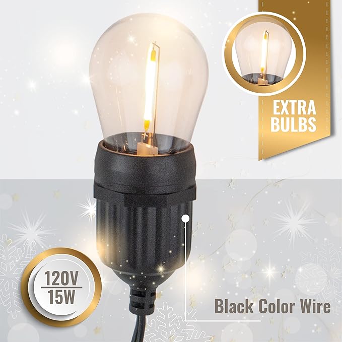 Aurio 48ft Waterproof Outdoor String Lights with Hanging Vintage LED Edison Bulbs - Commercial Grade Patio Lights for Cafe Ambiance - 36 in Light Spacing