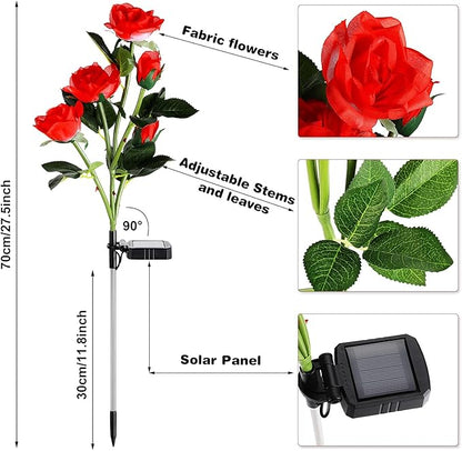 4 Pack Outdoor Solar Flower Lights with 20 Waterproof Realistic Solar Powered Rose Flowers Waterproof Decorative Lights for Garden Outside Patio Yard Lawn Pathway Backyard Decor(Red)