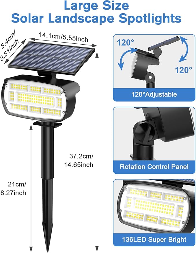 Fabrito Large Solar Spot Lights Outdoor 2 Pack, 1000 Lumens High Brightness, IP65 Waterproof Solar Spotlight with | Lumora