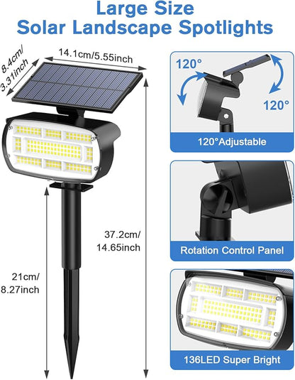 Fabrito Large Solar Spot Lights Outdoor 4 Pack, 1000 Lumens High Brightness, IP65 Waterproof Solar Spotlight with 136 LEDs, Dusk to Dawn Solar Landscape Lights for Yard, Garden, Pathway, Plants(White)