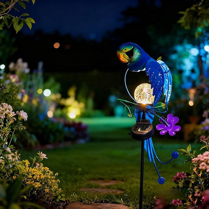 Solar Powered Parrot Garden Stake Light, Warm White LED Crackle Globe Light, Waterproof Metal & Glass Outdoor Decor for Yard, Pathway, Lawn, Patio, and Bird Lover Gift
