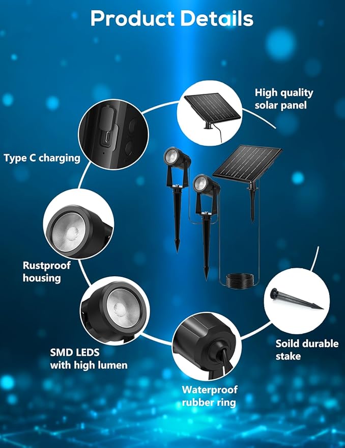 ZYAN Solar Landscape Spotlights, Separate Monocrystalline Panels & USB-C Powered 10800mAh All-Night Auto On Off Dusk to Dawn, Outdoor IP65 Waterproof, Warm White for Yard Pathway Patio (8 Pack)