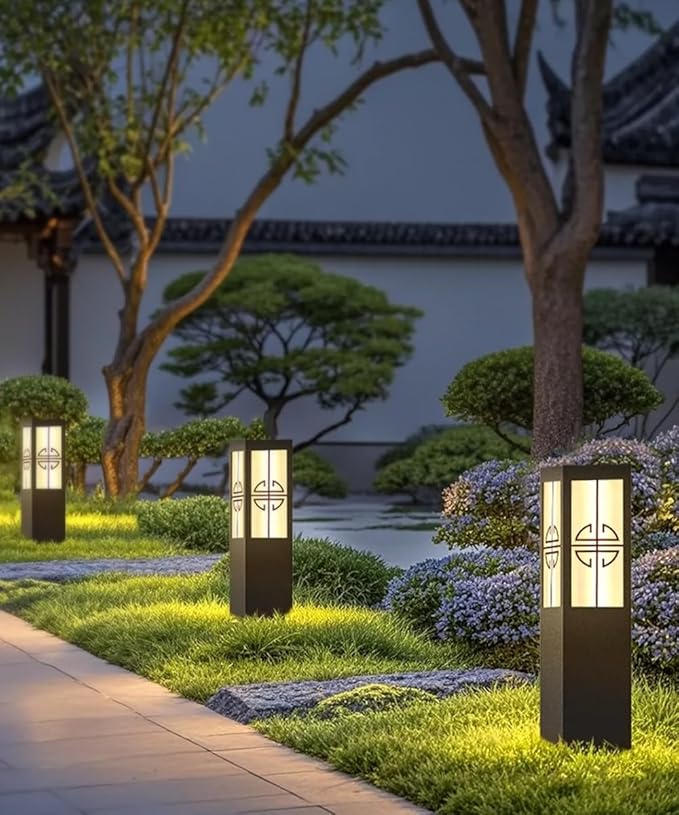 Solar Garden Path Lights Square Black Metal Pathway Lights Chinese Style Glass Bollard Lantern Dimming Landscape Lighting Fixture for Lawn Front/Back Door Balcony