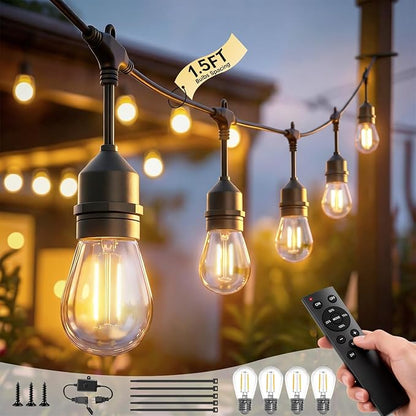 50FT S14 Outdoor String Lights, 32+2 Shatterproof Bulbs 2W, 1.5FT Spacing IP65 Waterproof| Dimmable with Remote, Heavy-Duty, Include Screw & Zip Ties for Patio Backyard Holiday Outside