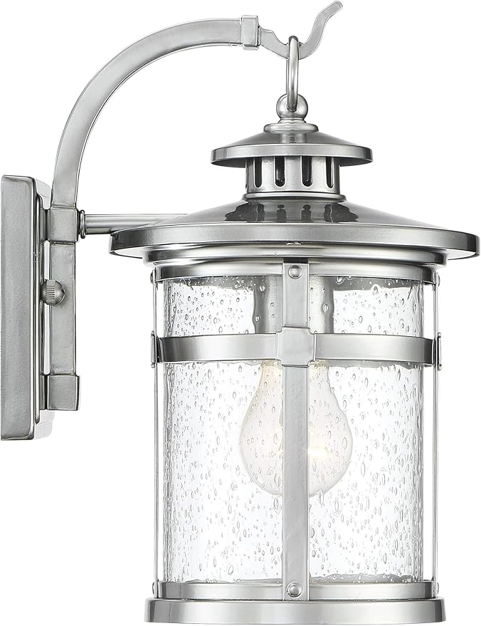 Franklin Iron Works Callaway Modern Industrial Outdoor Wall Light Fixture Chrome 14 1/2" Clear Seedy Glass Lantern for Exterior House Porch Patio Outside Deck Garage Yard Front Door Garden Home