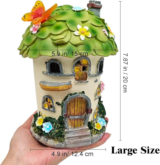 Solar Garden Figurine Lights, Large Resin Mushroom House Decorative Statue Waterproof Outside Ornament for Patio Yard Lawn Balcony (Green)