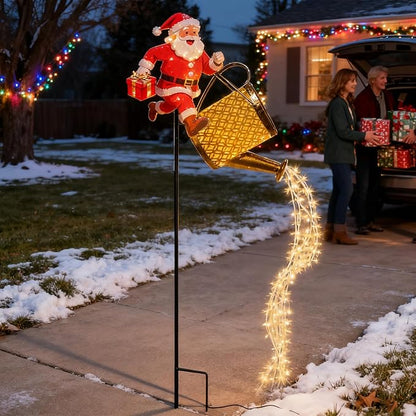 Christmas Santa Solar Kettle Lights, Waterproof Solar Watering Can with Cascading Lights, Garden Lawn Decorative Light, Hanging Metal Solars Santas Watering Can Led Light for Yard Pathway