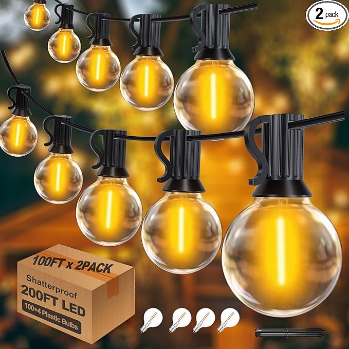200Feet Outdoor String Lights G40 Globe String Lights, 100+4 Replaceable 2200K Warm Bulbs, Connectable Waterproof Outside Lights for Patio Backyard Party Wedding, 2Pack x 100FT