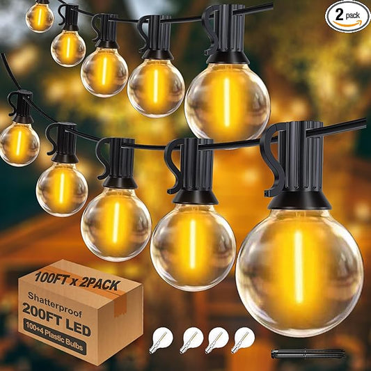 200Feet Outdoor String Lights G40 Globe String Lights, 100+4 Replaceable 2200K Warm Bulbs, Connectable Waterproof Outside Lights for Patio Backyard Party Wedding, 2Pack x 100FT