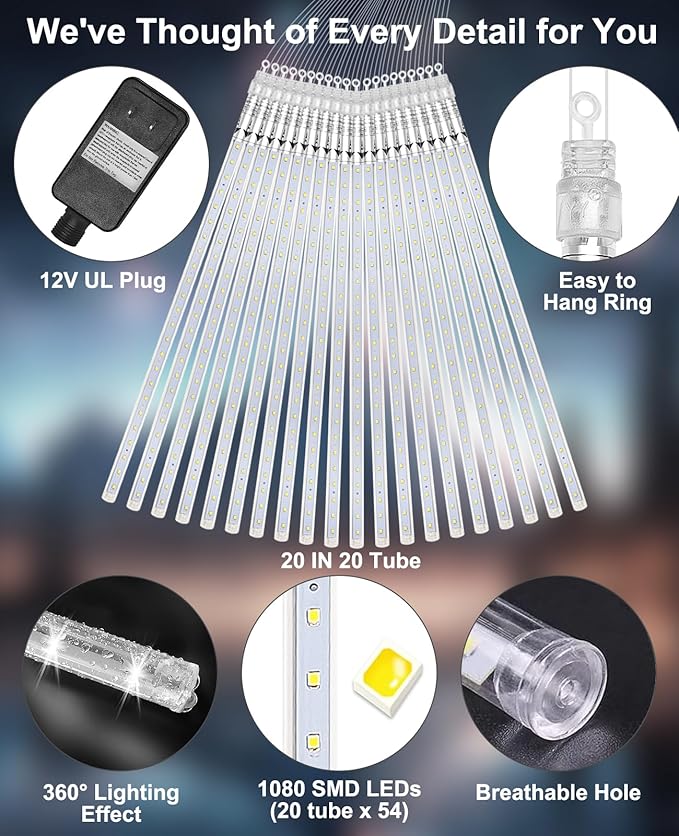 Meteor Shower Lights Outdoor Christmas Lights UL Certified Falling Rain Drop Snowfall Icicle Cascading String Light for Xmas Holiday Tree Wedding Party Garden Decor White, 20 Inch 20 Tubes