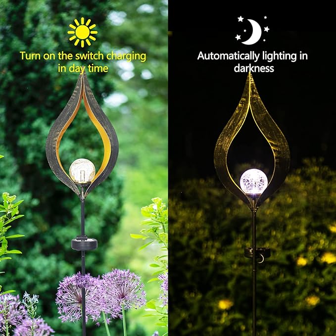 Outdoor Solar Lights Garden, Flame Crackle Glass Globe Stake Metal Waterproof LED Lights for Pathway, Lawn, Patio, Courtyard, Backyard