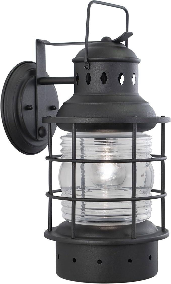 VAXCEL Hyannis 18 in. H 1-Light Textured Black Coastal Outdoor Wall Sconce Made of Durable Steel, Clear Ribbed Glass Shade, LED Compatible, Use for Exterior Porch Patio Front Door or Garage