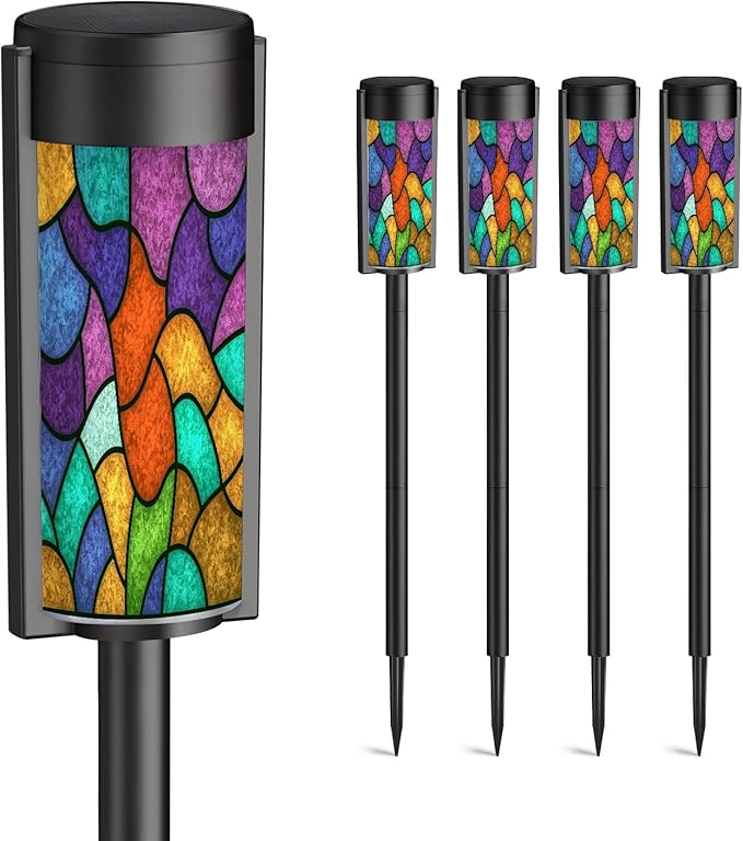 4 Pack Solar Pathway Lights Outdoor Waterproof Sketch Colorful Stained Glass Window Abstract Stained Glass Art Solar Garden Lights LED Landscape Lighting for Yard Walkway Lawn Garden Decor