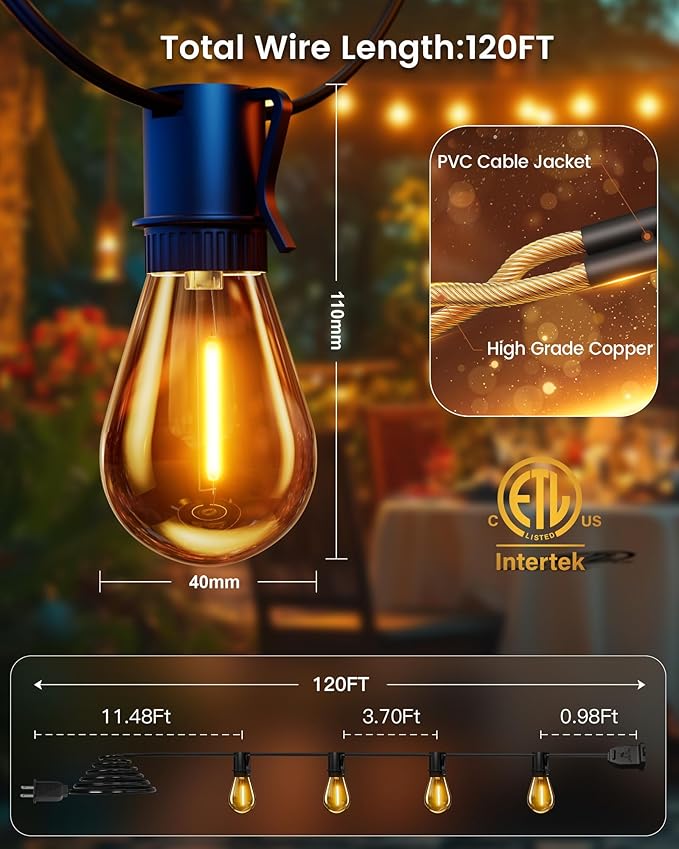 Torkase Outdoor String Lights 120FT S14 Patio Light 30+2 S14 Edison Bulbs 2200K Waterproof Connectable Dimmable Hanging Lights for Cafe Deck Party