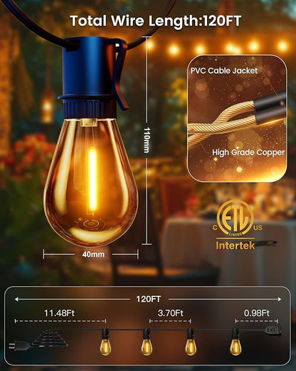 Torkase Outdoor String Lights 120FT S14 Patio Light 30+2 S14 Edison Bulbs 2200K Waterproof Connectable Dimmable Hanging Lights for Cafe Deck Party