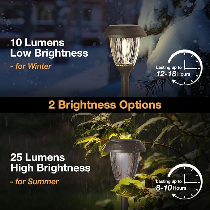 XMCOSY+ Solar Lights Outdoor Waterproof IP65 10/25 LM LED with 2 Lighting Modes 6 Pack | 15 LM Garden Lights with Metal Glass, 2-Tone Bronze & Wood (Color) Pathway Lights 4 Pack (Warm White)