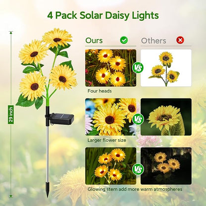WdtPro Solar Lights Outdoor Garden Decor, 4 Pack Garden Lights with 16 Glowing Daisy Flowers, Solar Flowers Outdoor Waterproof for Outside Yard Patio,Gifts
