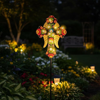 Solar Cross Lights with Angel Wings, Pink and Gold Floral Design, Memorial Garden Stake, Warm White LED, Weather Resistant, 36 Inch