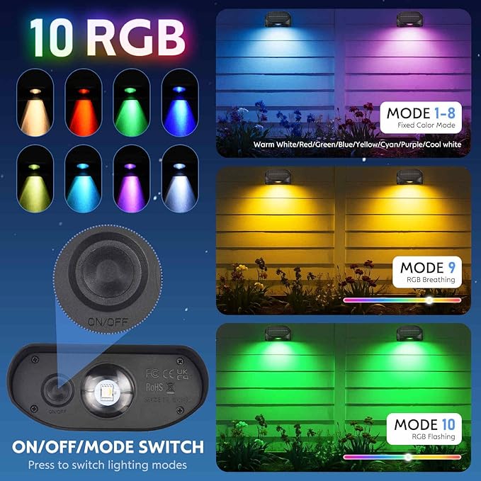 12 Pack Solar Fence Lights Outdoor, Solar Deck Lights with RGB Colors Warm White Cool White, Waterproof Fence Light | Lumora