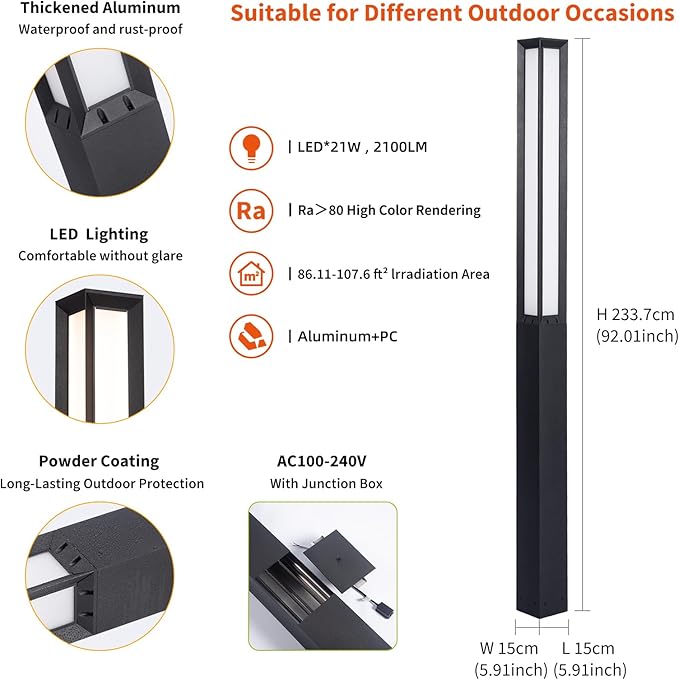 Landscape Path Lights, 92" Tall Outdoor Pathway Bollard Light Waterproof, Driveway Pole Lamp 3000K LED Yard Walkway | Lumora