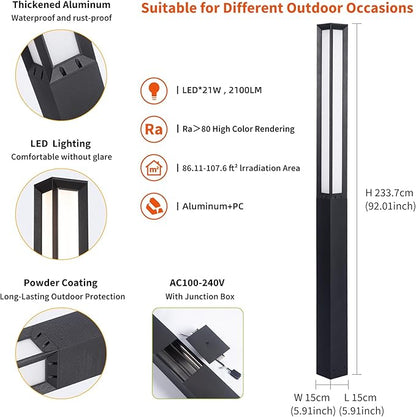 Landscape Path Lights, 92" Tall Outdoor Pathway Bollard Light Waterproof, Driveway Pole Lamp 3000K LED Yard Walkway Lighting, Modern Patio Lantern AC100-240V Wired Fixture for Lawn Commercial