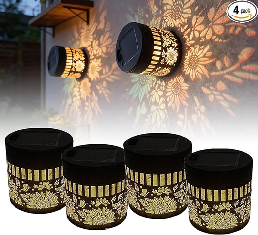 Solar Mandala Lights Outdoor Decorative - Waterproof Metal Mandala Solar Wall Lights, Artistic Fence & Step Lights for Garden, Patio, Backyard, Yard & Outdoor Home (4, Sunflower-Colored Light)