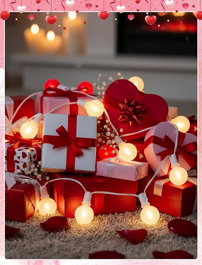 G40 LED Valentine’s Day String Lights, 25Ft Valentines Decorations Lights Outdoor with Frosted Red White Round Bulbs, Hanging Patio Lights Shatterproof for Indoor Home Decor Wedding Party, White Wire