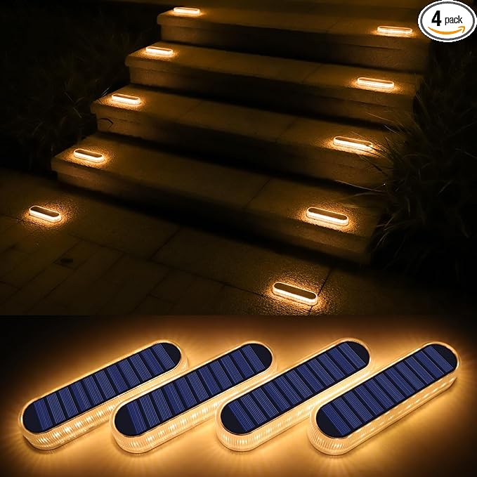 WILLED Solar Step Lights for Outside,4 Pack Warm White Solar Deck Lights Waterproof, Big Solar Charging Panel,Outdoor Solar Powered Lights for Steps,Stair,Dock,Driveway,Walkway,Sidewalk,Garden