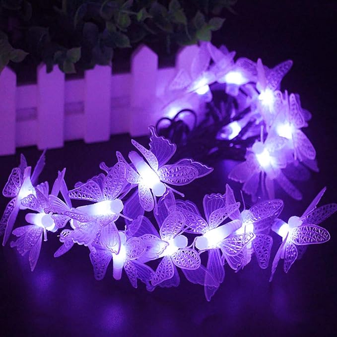 Butterfly String Lights,AMZSTAR Waterproof 20FT 30LED Butterfly Solar Light Outdoor Solar Rope Lights Fairy Light Decorative Garden Lights for Cafe Patio Party Garden Wedding (Purple)