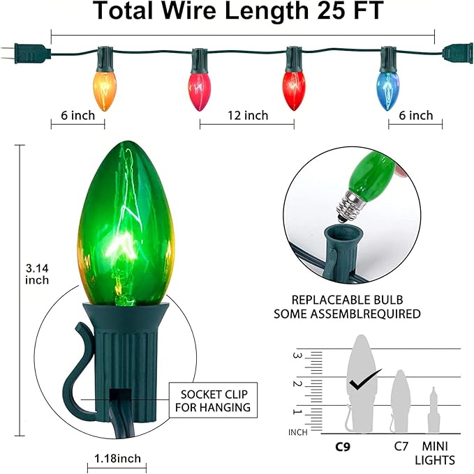 C9 Multicolor Christmas Lights Outdoor, 25Ft Vintage Christmas String Lights with 26 Clear Glass Multicolored | Lumora