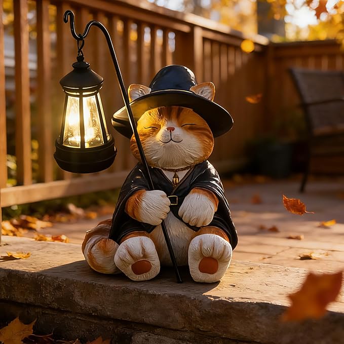 Decorative Solar Lights Garden Cat Statue Outdoor Figurine Light Themed Wizard Cat Lantern for Garden Decoration | Lumora
